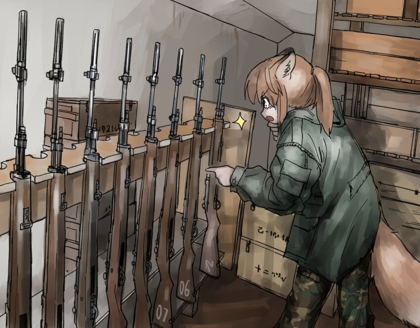 1girl animal_ears box brown_eyes brown_hair fox_ears fox_girl fox_girl_(yihan1949) fox_tail gun highres military_uniform open_mouth original ponytail rifle solo standing tail warehouse weapon weapon_rack yihan1949