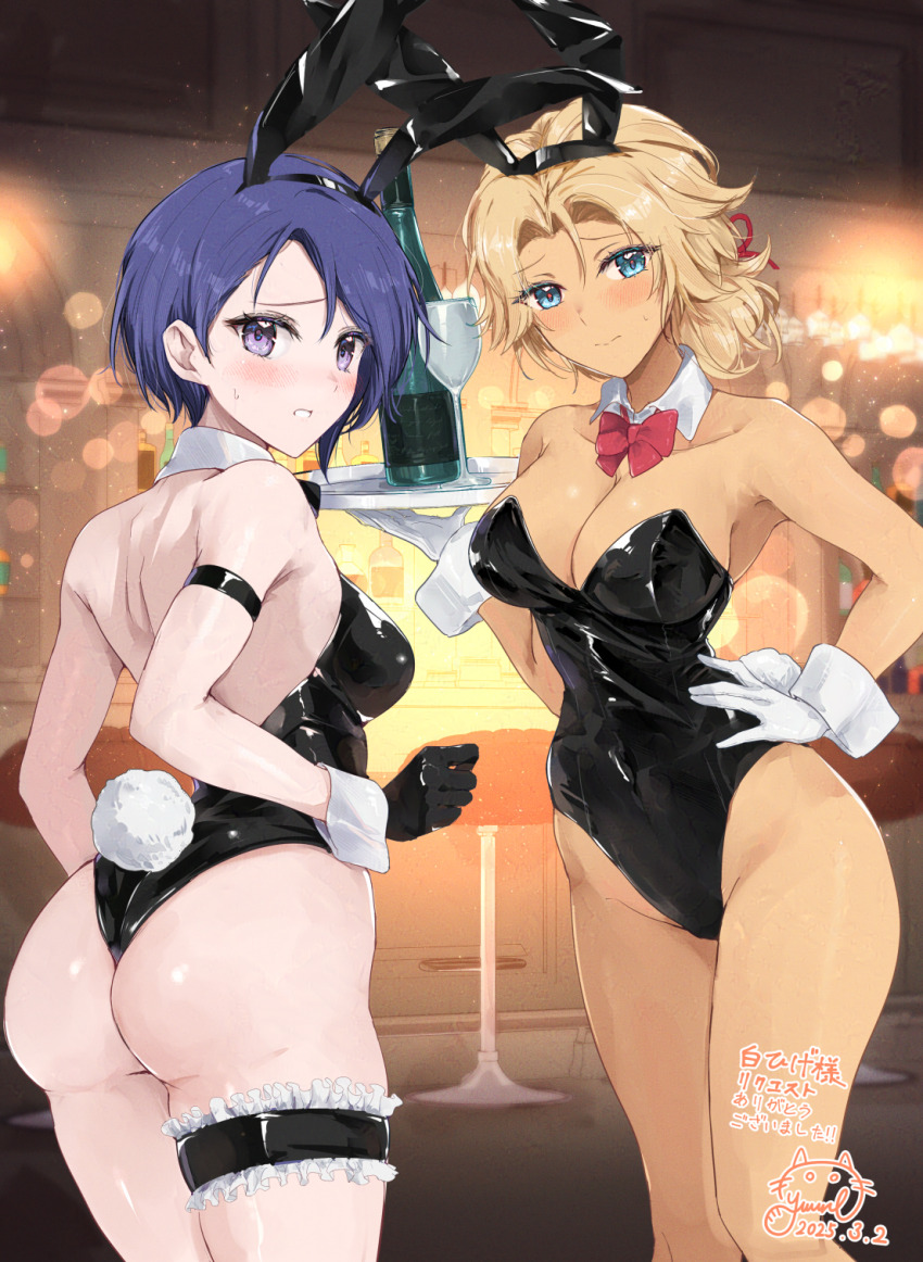 2girls alternate_costume animal_ears ass bare_shoulders black_bow black_bowtie black_gloves black_leotard blonde_hair blue_eyes blush bow bowtie breasts catherine_(fire_emblem) cleavage collarbone commentary_request commission covered_navel dark-skinned_female dark_skin dated detached_collar embarrassed fake_animal_ears fake_tail fire_emblem fire_emblem:_three_houses from_behind gloves hand_on_own_hip highleg highleg_leotard highres holding holding_tray indoors leotard long_hair medium_breasts multiple_girls nintendo playboy_bunny ponytail purple_eyes purple_hair rabbit_ears rabbit_tail red_bow red_bowtie shamir_nevrand short_hair short_ponytail signature skeb_commission strapless strapless_leotard sweatdrop tail thighs tray waitress white_gloves wrist_cuffs yuuri_(orz_commushows)