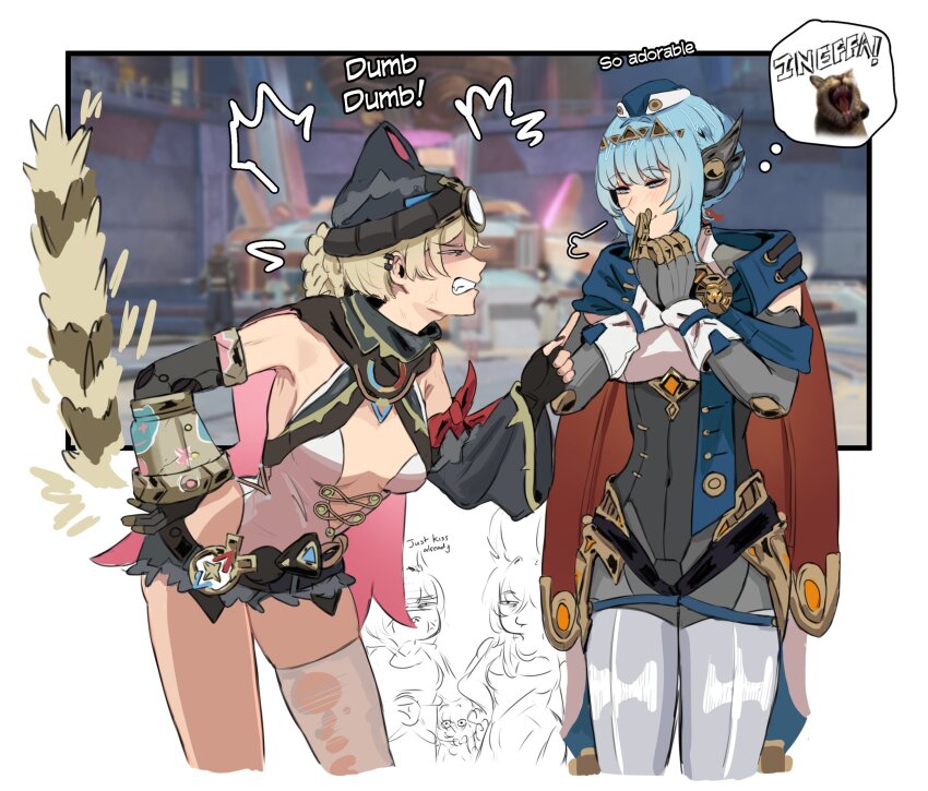 5girls absurdres aino_(genshin_impact) android anger_vein angry animal_ear_headwear animal_ears armpits black_gloves blonde_hair blue_eyes blue_hair braid braided_hair_rings breasts cape center_opening clenched_teeth commentary cropped_legs detached_sleeves ear_piercing english_commentary english_text fake_animal_ears fang fingerless_gloves game_screenshot_background genshin_impact gloves goggles goggles_on_head hair_rings half-closed_eyes hand_on_own_hip hand_to_own_mouth hands_up hat highleg highleg_leotard highres imagining implied_yuri index_finger_raised ineffa_(genshin_impact) jahoda_(genshin_impact) joints lauma_(genshin_impact) leaning_forward legs_apart leotard looking_at_another mechanical_arms mechanical_legs medium_breasts metal_skin multiple_girls nefer_(genshin_impact) no_bra partially_shaded_face photo_inset piercing prosthesis prosthetic_arm puff_of_air robot_ears robot_girl robot_joints screenshot_background short_shorts shorts single_detached_sleeve single_glove single_mechanical_arm single_sleeve single_thighhigh speech_bubble standing teeth thighhighs thought_bubble torn_clothes torn_thighhighs zanqi