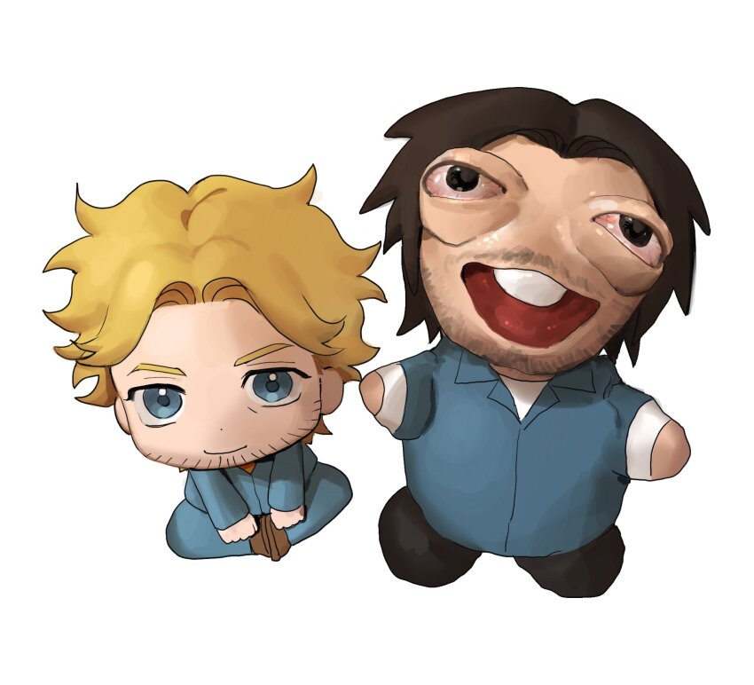 2boys b_sky02 black_eyes black_hair blonde_hair bloodshot_eyes blue_eyes blue_jumpsuit chibi chibi_only closed_mouth curly_(mouthwashing) curly_(pre-crash)_(mouthwashing) facial_hair highres jimmy_(mouthwashing) jumpsuit light_smile long_sleeves male_focus meme mouthwashing multiple_boys open_mouth parody short_hair simple_background sitting white_background