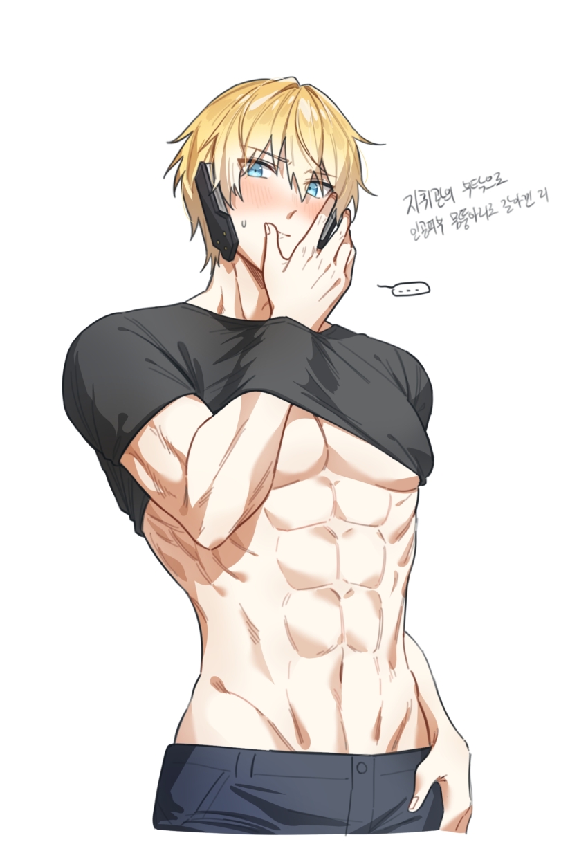 ... 1boy abs bare_pectorals black_pants black_shirt blonde_hair blue_eyes blush clothes_lift commentary_request hair_between_eyes headphones highres lee:_hyperreal_(pgr) lee_(pgr) male_focus muscular muscular_male myam_(123ab456c) pants pectorals punishing:_gray_raven shirt shirt_lift short_hair short_sleeves solo spoken_ellipsis translation_request white_background