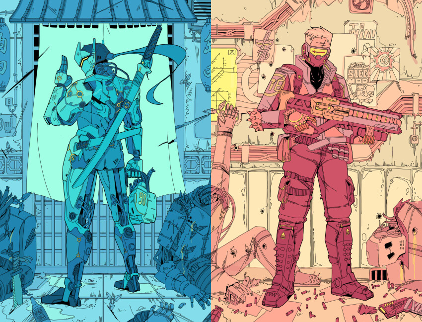 2boys absurdres armored_boots assault_rifle beer_bottle belt boots bullet_hole cable can cup curtains cyborg disposable_cup drink_can elbow_pads english_text explosive finger_on_trigger from_behind full_body genji_(overwatch) gloves grenade gun hand_up handgun high_collar highres holding holding_detached_head holding_gun holding_weapon humanoid_robot indoors iwse_zhang jacket katana knife kuji-in lantern long_hair long_sleeves male_focus multiple_boys old old_man overwatch paper paper_lantern planted planted_knife planted_weapon pocket ponytail poster_(object) pouch profile puddle rifle robot scar scar_on_face sheath sheathed shell_casing short_hair shuriken soldier:_76_(overwatch) spikes split_theme standing sword thigh_pouch two-handed weapon weapon_on_back