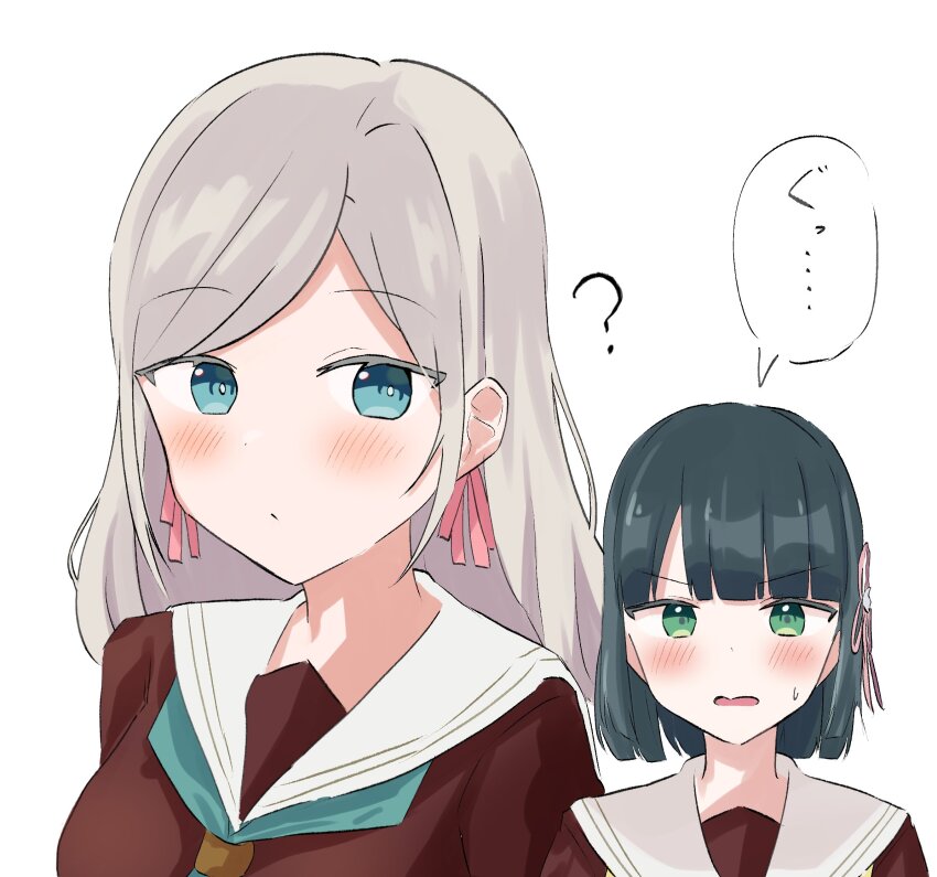 2girls :/ ? aqua_neckerchief black_hair blue_eyes blunt_bangs blunt_ends bob_cut breasts brown_dress ceras_yanagida_lilienfeld closed_mouth commentary_request dress flower flower_knot green_eyes grey_hair hair_flower hair_ornament hair_ribbon hasu_no_sora_school_uniform highres hisho_(rythm_hisho) link!_like!_love_live! long_hair love_live! medium_breasts momose_ginko multiple_girls neckerchief open_mouth parted_bangs pink_ribbon portrait ribbon sailor_collar sailor_dress school_uniform short_hair speech_bubble translation_request v-shaped_eyebrows virtual_youtuber white_flower white_sailor_collar winter_uniform yellow_neckerchief