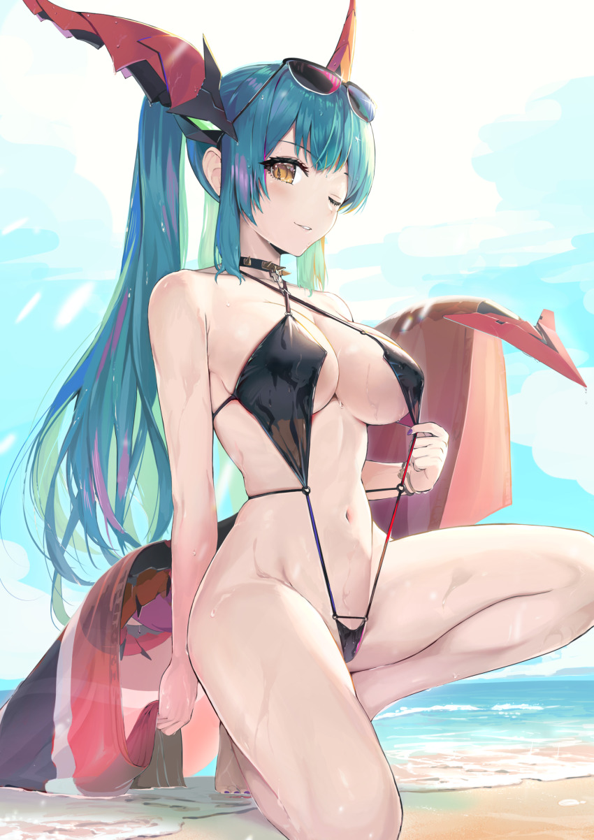 1girl azur_lane beach black_one-piece_swimsuit black_slingshot_swimsuit blue_hair blue_sky breasts choker dragon_horns eyewear_on_head highres horns large_breasts long_hair looking_at_viewer mechanical_horns mechanical_tail navel ocean on_one_knee one-piece_swimsuit one_eye_closed parted_lips pi_(p77777778) regensburg_(azur_lane) regensburg_(dark_dragon_brilliant_beach)_(azur_lane) sky slingshot_swimsuit solo spiked_choker spikes stomach strap_gap sunglasses swimsuit tail very_long_hair wet yellow_eyes