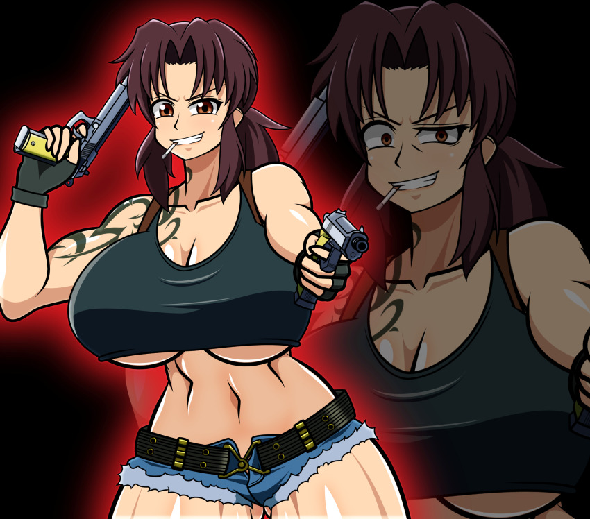 black_lagoon breasts cigarette gun hayakawakenn highres revy_(black_lagoon) smoking tagme underboob weapon