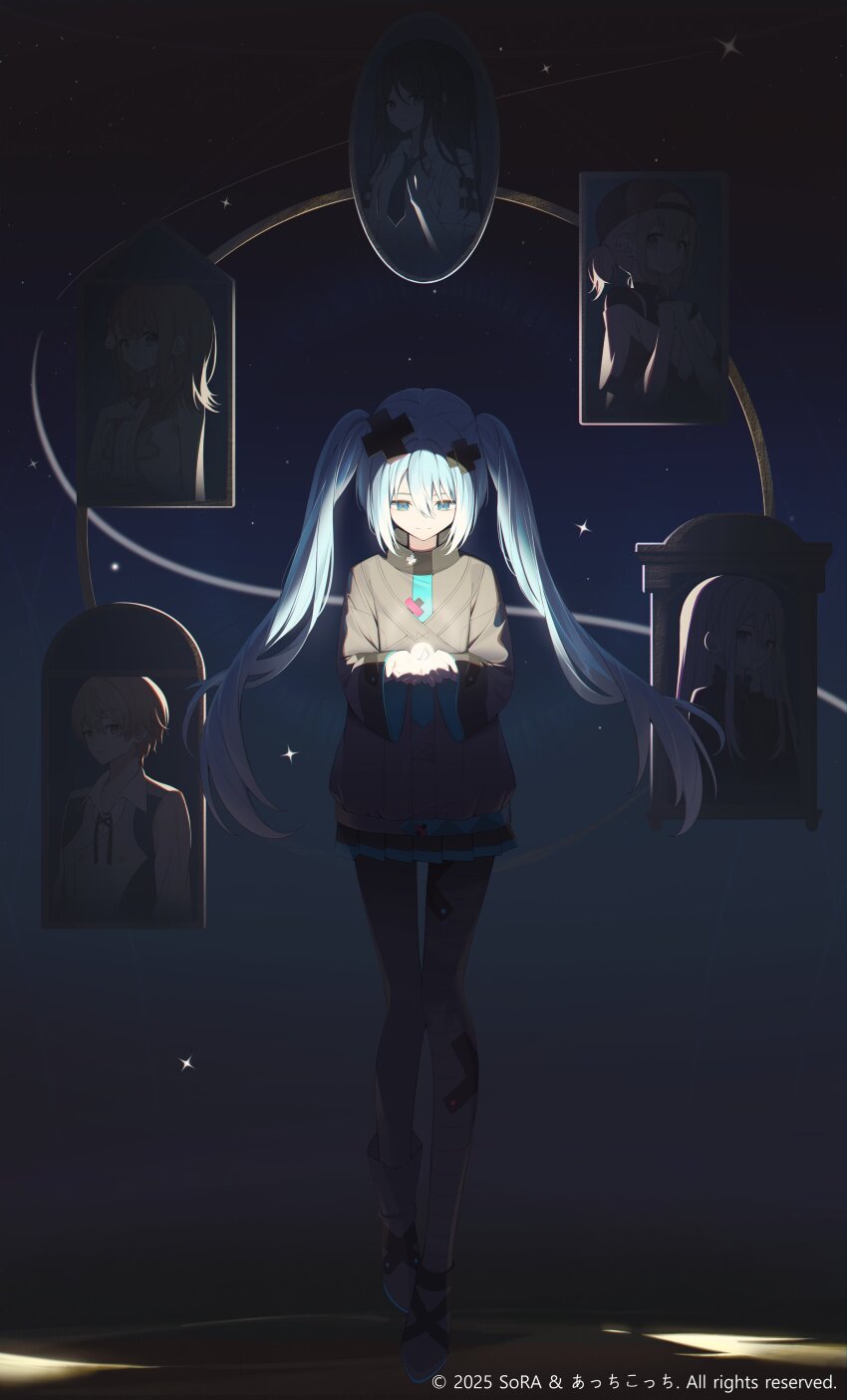 1boy 5girls absurdres aqua_eyes aqua_hair aqua_trim azusawa_kohane batsu_miku black_boots black_pantyhose black_skirt boots commentary_request copyright_notice cupping_hands full_body grey_jacket hair_between_eyes hair_ornament hanasato_minori hatsune_miku high_collar highres holding_orb hoshino_ichika_(project_sekai) jacket korean_commentary kowareta_sekai_to_utaenai_miku long_hair looking_at_object looking_at_viewer miniskirt multiple_girls own_hands_together pantyhose pleated_skirt project_sekai sidelocks skirt sora_(men0105) star_(sky) tenma_tsukasa twintails underlighting upper_body vocaloid wide_sleeves window x_hair_ornament yoisaki_kanade