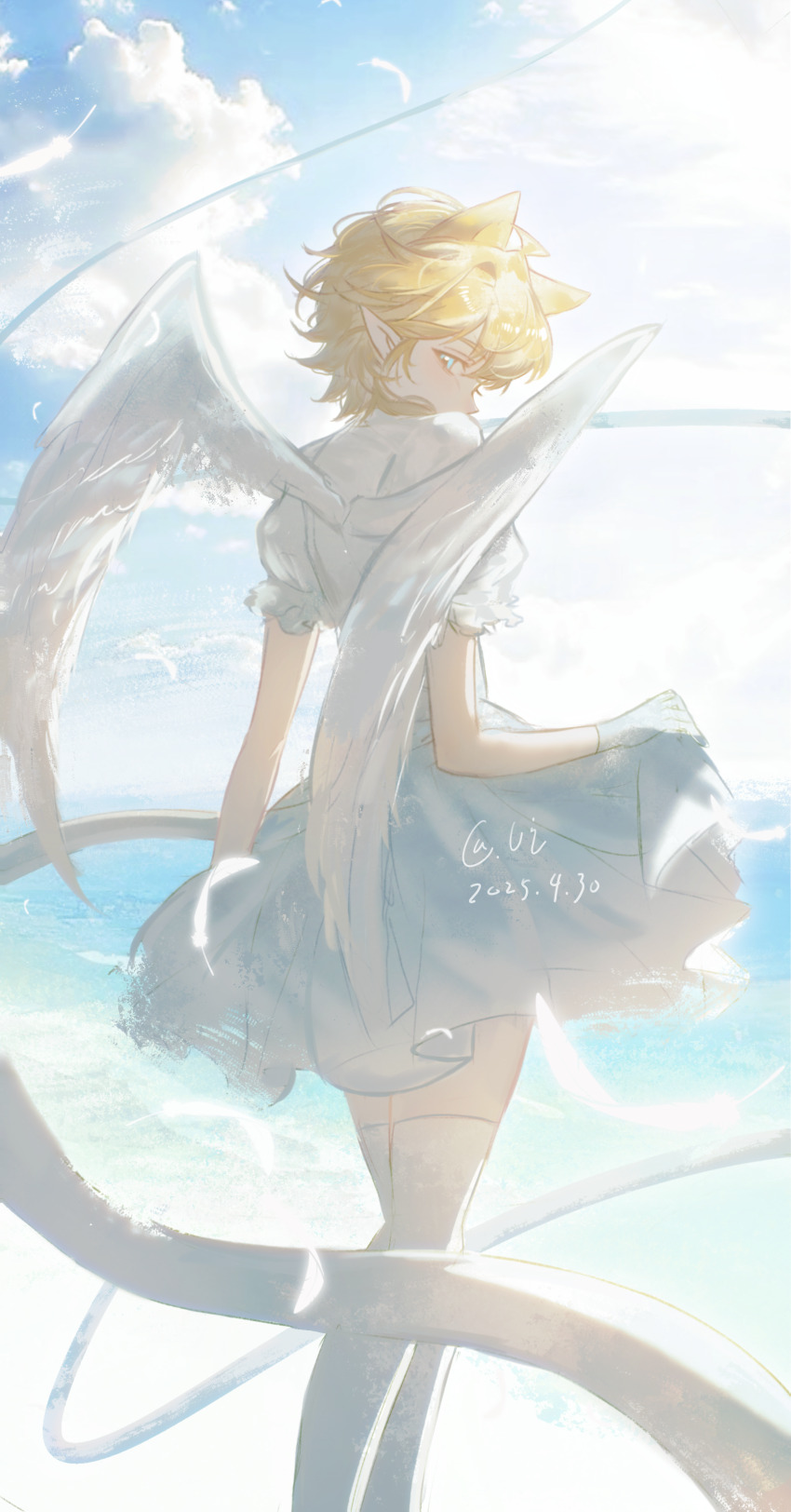 1boy absurdres alternate_costume angel_wings animal_ears aotu_world artist_name bird blonde_hair blue_eyes blue_sky blush cat_boy cat_ears cat_tail chinese_commentary cloud cloudy_sky crossdressing crossdressing_(mtf) dated day dress extra_ears falling_feathers feathered_wings feathers feet_out_of_frame frills from_behind gloves highres kemonomimi_mode king_(aotu_world) looking_at_viewer looking_back male_focus ocean outdoors plutoray pointy_ears puffy_short_sleeves puffy_sleeves short_hair short_sleeves skirt_hold sky solo standing sunlight tail thighhighs trap white_dress white_feathers white_gloves white_thighhighs white_wings wings