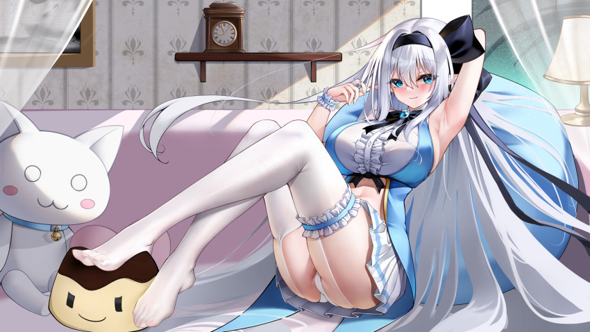 1girl arm_behind_head armpits black_bow black_bowtie black_hairband blue_eyes blue_gemstone blush bow bowtie breasts chinese_commentary clock closed_mouth commentary_request couch day elf fingernails frilled_wrist_cuffs frills full_body gem hair_between_eyes hairband hand_up highres indoors lamp large_breasts long_hair looking_at_viewer mepurin_(scarlet59833) no_shoes original pleated_skirt pointy_ears sitting skirt smile solo stuffed_animal stuffed_toy thighhighs very_long_hair white_hair white_skirt white_thighhighs wrist_cuffs
