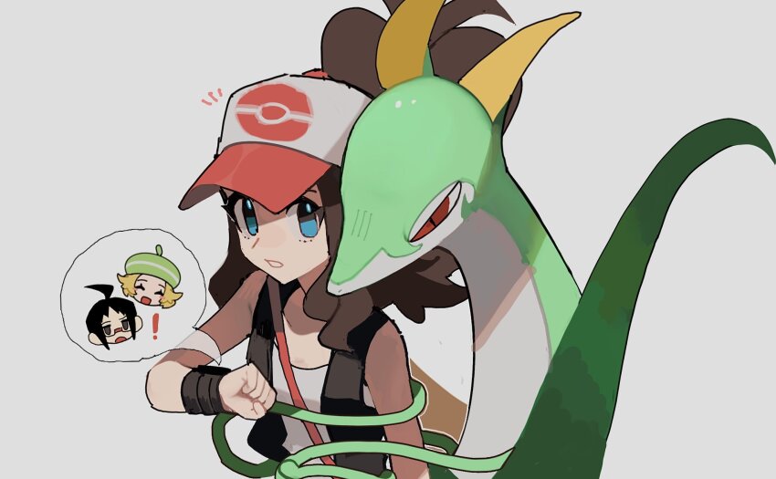 1boy 2girls 950magi618 ahoge baseball_cap bianca_(pokemon) black_hair black_vest blonde_hair blue_eyes breasts brown_hair cheren_(pokemon) gen_5_pokemon glasses green_hat hat high_ponytail highres hilda_(pokemon) long_hair looking_at_viewer multiple_girls nintendo open_clothes open_mouth open_vest poke_ball_print pokemon pokemon_(creature) pokemon_bw ponytail serperior shirt short_hair sidelocks smile upper_body vest white_shirt wristband
