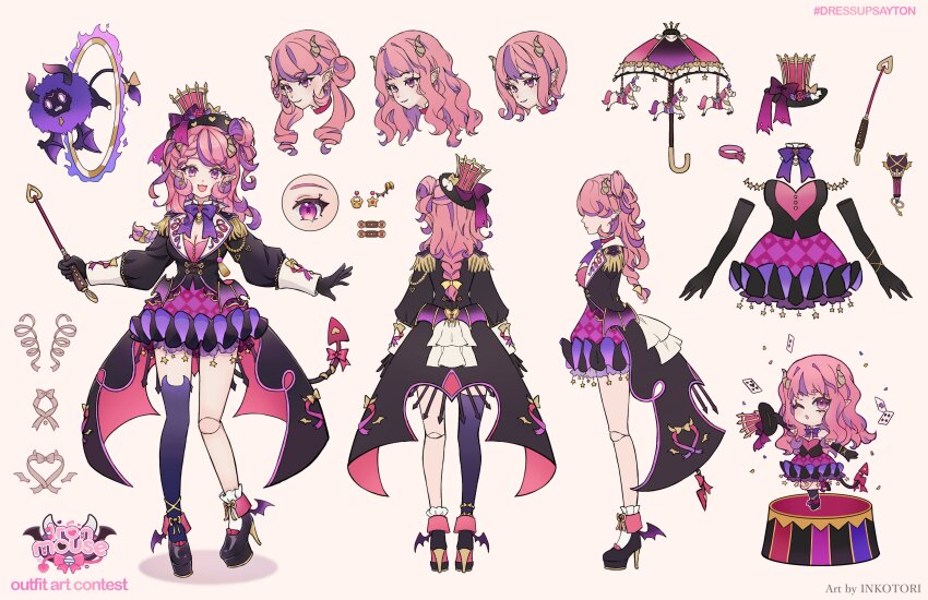 1girl absurdres artist_name black_footwear black_gloves black_jacket bow bowtie braid breasts bubi_(ironmouse) card carousel character_name reference_sheet circus cleavage demon_girl dress earrings elbow_gloves epaulettes flower from_behind from_side gloves hashtag hat hat_flower heart heart_print high-low_skirt high_heels highres holding hoop horns hula_hoop inkotori ironmouse jacket jewelry long_hair medium_breasts microphone mini_hat mini_top_hat multicolored_dress multicolored_hair pink_eyes pink_flower pink_hair playing_card pointy_ears puffy_sleeves purple_bow purple_bowtie purple_hair ribbon shadow short_hair single_thighhigh thighhighs top_hat two-tone_hair umbrella virtual_youtuber vshojo yellow_ribbon