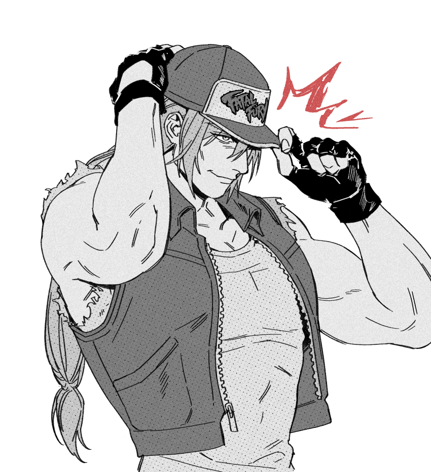 1boy absurdres adjusting_clothes adjusting_headwear arms_up bare_shoulders baseball_cap closed_mouth collared_vest commentary copyright_name crew_neck english_commentary english_text fatal_fury fingerless_gloves gloves greyscale haddockkkk hair_between_eyes hair_over_one_eye hair_tie hat highres long_hair looking_ahead male_focus monochrome muscular muscular_male one_eye_covered ponytail shirt simple_background smile solo spot_color terry_bogard the_king_of_fighters unzipped vest white_background zipper zipper_pull_tab