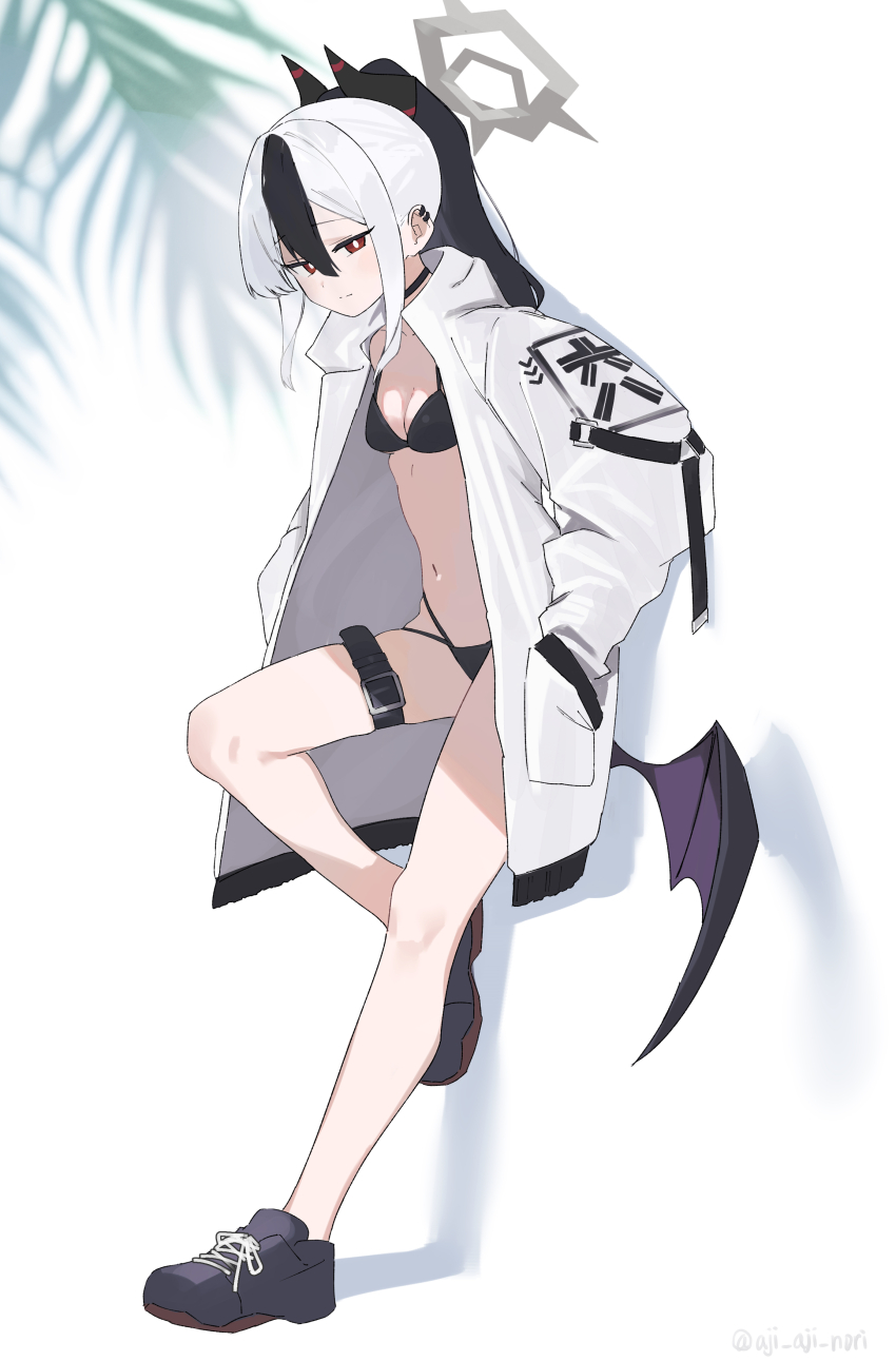 1girl absurdres aji_aji_nori bikini black_bikini black_hair black_horns black_shoes black_wings blue_archive breasts full_body grey_halo hair_between_eyes halo highres horns jacket kayoko_(blue_archive) looking_at_viewer multicolored_hair navel no_socks open_clothes open_jacket red_eyes shoes single_wing small_breasts sneakers solo standing standing_on_one_leg swimsuit two-tone_hair white_hair white_jacket wings