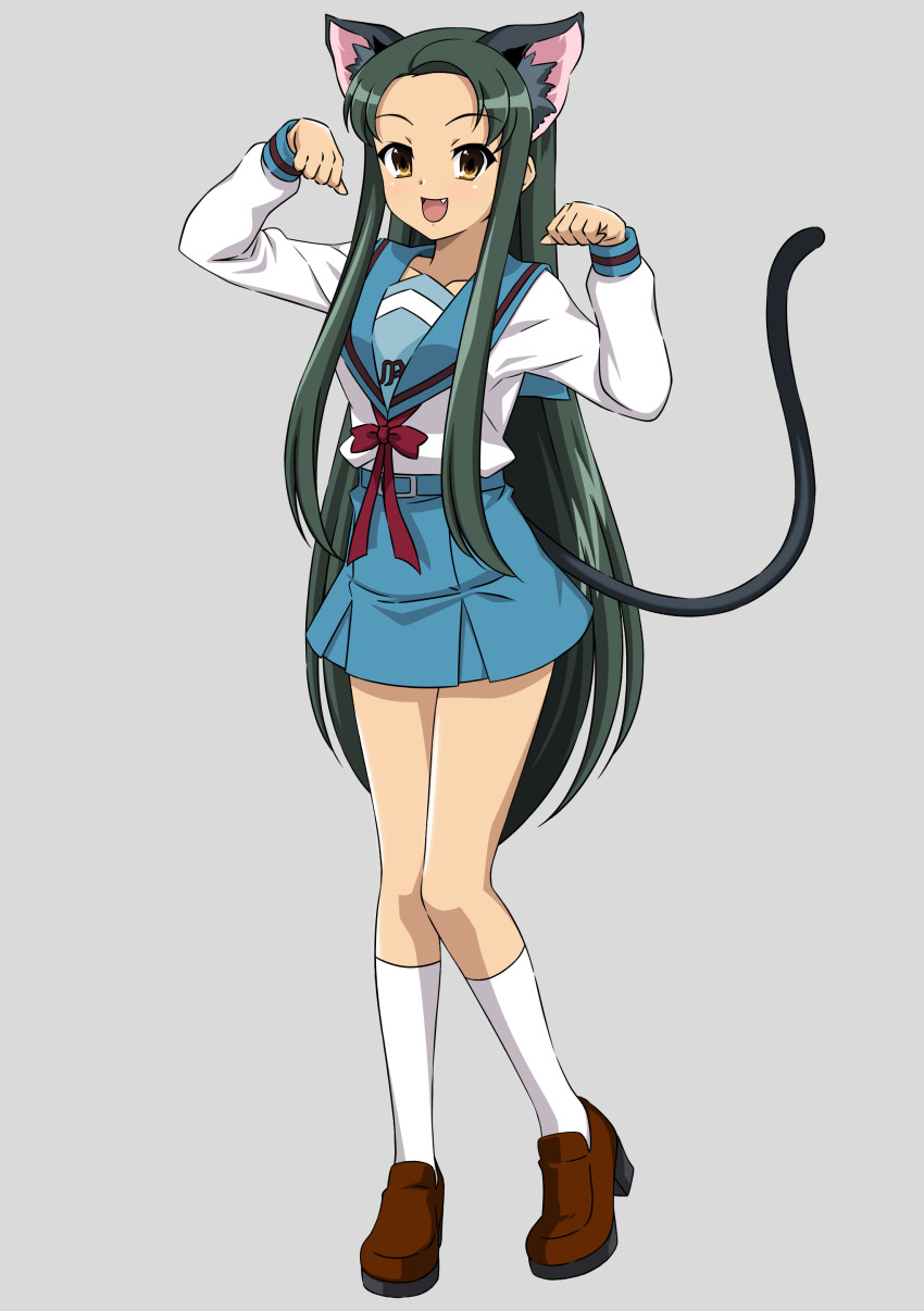 1girl :d absurdres animal_ears belt blue_sailor_collar blue_skirt brown_shoes cat_ears cat_tail commentary_request fang forehead full_body green_hair grey_background gurobeya highres kita_high_school_uniform kneehighs loafers long_hair long_sleeves looking_at_viewer open_mouth paw_pose sailor_collar school_uniform serafuku shoes simple_background skirt smile socks solo suzumiya_haruhi_no_yuuutsu tail thighs tsuruya very_long_hair white_socks
