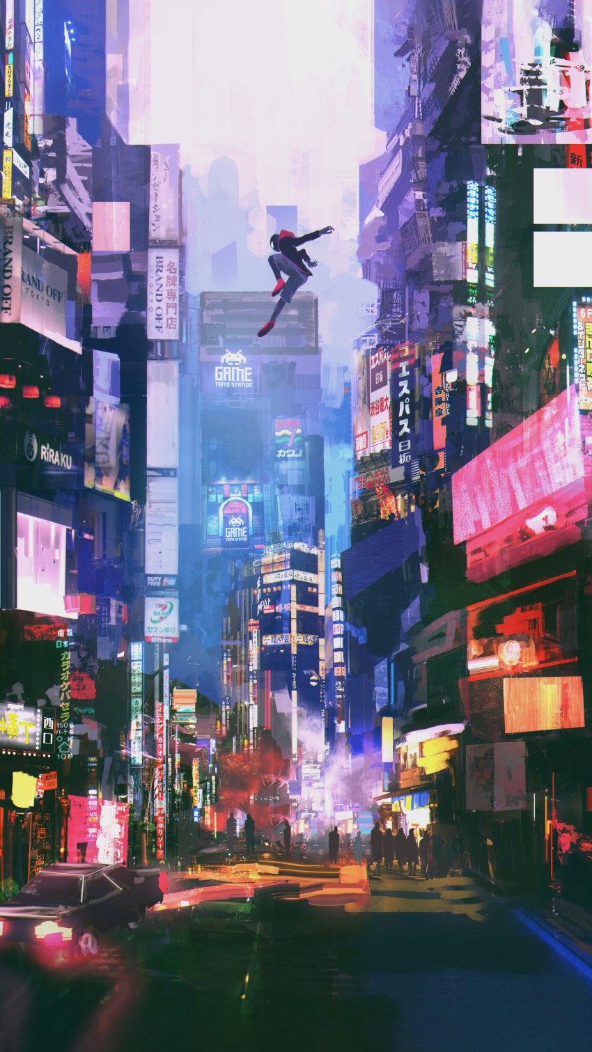 1boy absurdres atmospheric_perspective black_jacket blurry building car cityscape depth_of_field dkaism highres hood hoodie jacket jumping knee_up marvel mask motor_vehicle new_york_city non-web_source outstretched_arms people red_hoodie road scenery sign size_difference spider-man:_into_the_spider-verse spider-man_(miles_morales) spider-man_(series) spider-verse translation_request