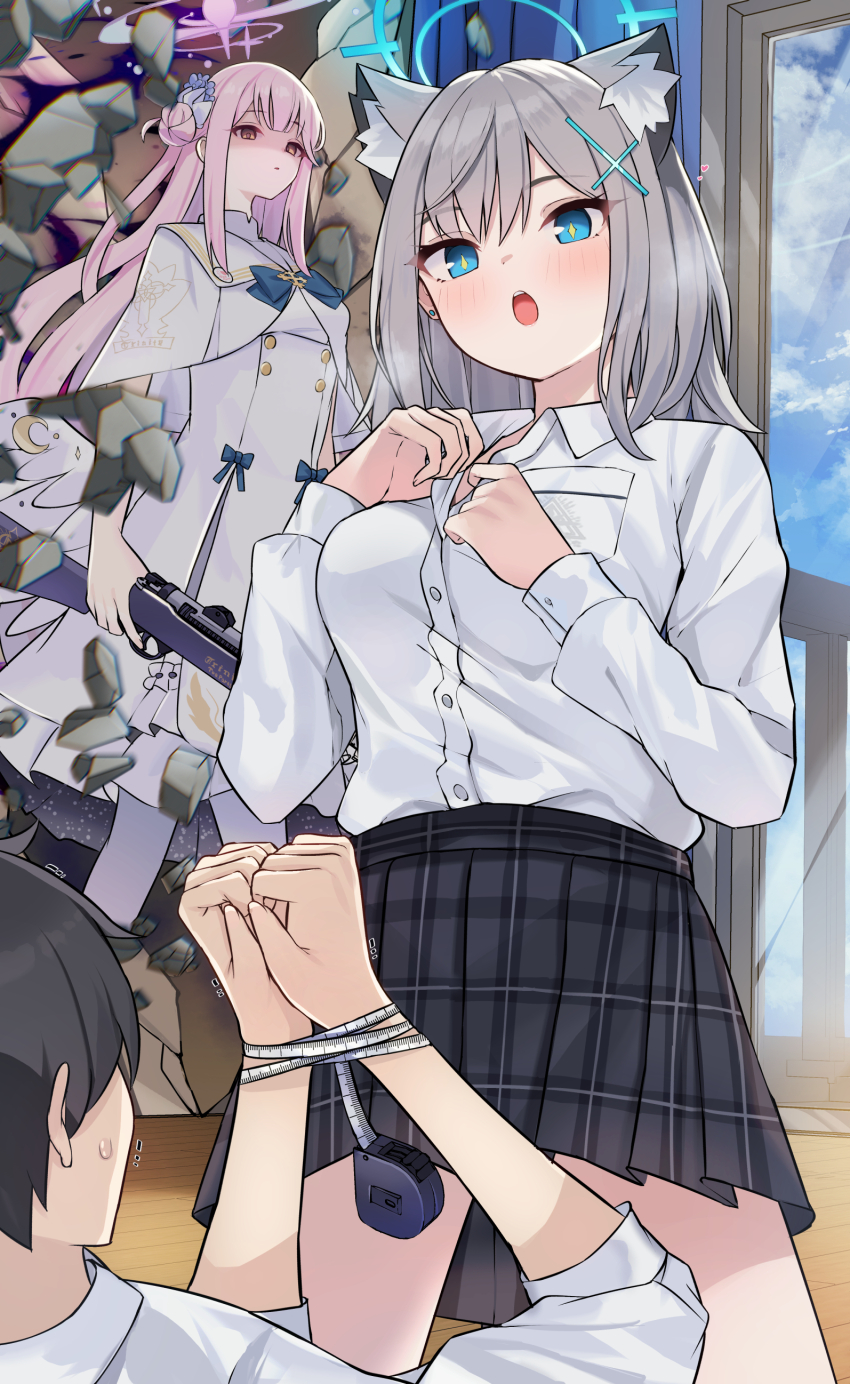 1boy 2girls absurdres animal_ears black_skirt blue_archive blue_eyes bound broken_wall cat_ears cat_girl cheating_(relationship) commentary debris dress faceless faceless_male gun halo highres holding holding_gun holding_weapon lanchester_smg looking_at_another low_wings mi_taro333 mika_(blue_archive) multiple_girls pink_eyes pink_hair pleated_skirt sensei_(blue_archive) shaded_face shiroko_(blue_archive) shirt shotgun skirt solo_focus submachine_gun tape_measure tied_up_(nonsexual) unbuttoning undressing weapon white_dress white_shirt wings