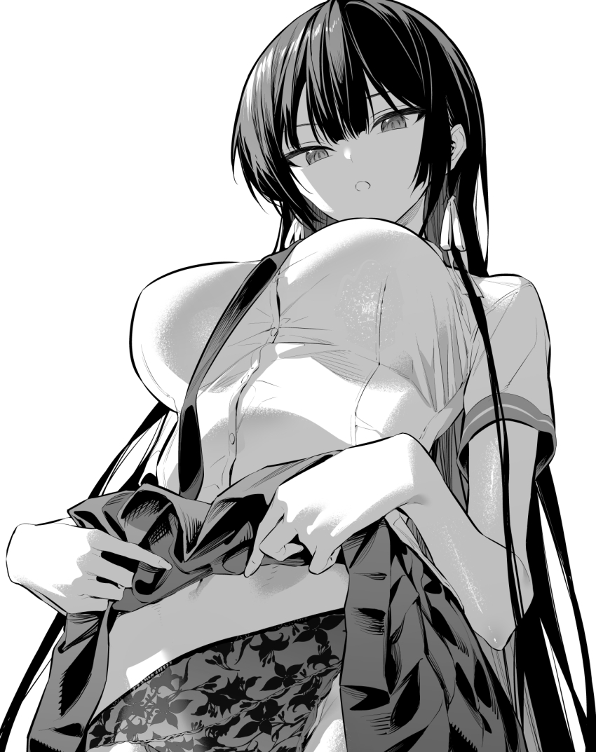 1girl breasts clothes_lift commentary_request from_below greyscale haite_kudasai_takamine-san highres hiiragi_yuuichi lace lace_panties large_breasts lifting_own_clothes long_hair monochrome panties school_uniform shirt simple_background skirt skirt_lift solo takamine_takane underwear white_background