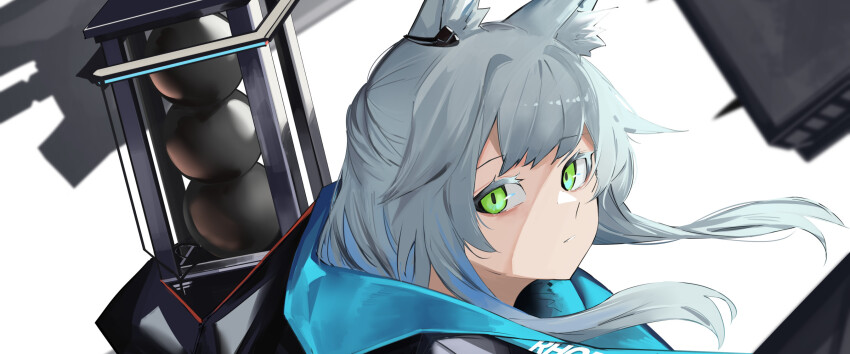 1girl animal_ear_fluff animal_ears ao_oni_(onioni-aoi) arknights blue_scarf blurry cannonball cat_ears cat_girl close-up colored_eyelashes commentary commission green_eyes grey_hair highres long_hair looking_at_viewer parted_lips portrait rosmontis_(arknights) scarf sidelocks skeb_commission solo stack steel_ball_(jojo) white_background