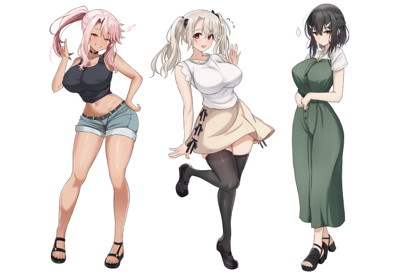 +++ ... 1girl :d ^_^ absurdres adversarial_noise aged_up alternate_breast_size artist_name bare_arms bare_shoulders black_hair black_sandals black_shoes black_tank_top black_thighhighs blonde_hair blue_hair blue_shorts blush breasts chloe_von_einzbern cleavage closed_eyes closed_mouth commentary covered_erect_nipples curvy dark-skinned_female dark_skin dress english_commentary facing_viewer fate/kaleid_liner_prisma_illya fate_(series) flying_sweatdrops full_body gradient_hair green_dress hair_ornament hand_on_own_knee hat high_heels highres horns horns_through_headwear huge_breasts illyasviel_von_einzbern large_breasts leaning_forward long_hair looking_at_viewer mature_female miyu_edelfelt multicolored_hair navel open_mouth orange_eyes paid_reward_available pink_hair red_eyes sandals self-upload shoes shokobr short_shorts shorts simple_background skirt smile solo spoken_ellipsis sports_sandals standing standing_on_one_leg tank_top teeth thighhighs thighs twintails upper_teeth_only very_long_hair wavy_hair white_background white_hair yellow_eyes
