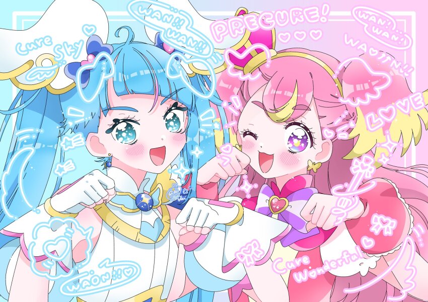 2girls animal_ears ascot asymmetrical_bangs bare_shoulders barking blonde_hair blue_background blue_bow blue_brooch blue_corset blue_eyes blue_hair blunt_bangs bow bow_earrings bowtie bracelet brooch character_name clenched_hands collared_dress collared_shirt colored_tips commentary_request corset crown cure_sky cure_wonderful dog_ears dog_tail dot_nose drawn_ears drawn_tail dress earrings eyelashes fingerless_gloves floppy_ears frilled_sleeves frills gloves gold_bracelet gradient_background hair_bow hair_ornament hairband halter_shirt halterneck hat_ornament heart heart_brooch heart_hair_ornament heart_hat_ornament heart_print high_collar highres hirogaru_sky!_precure in-franchise_crossover inukai_komugi jewelry lace-trimmed_sleeves lace_trim light_blush long_hair looking_at_viewer loose_hair_strand magical_girl mini_crown multicolored_hair multiple_girls notice_lines open_mouth outside_border paw_pose pink_background pink_brooch pink_crown pink_dress pink_hair pink_wrist_cuffs precure puffy_short_sleeves puffy_sleeves purple_bow purple_bowtie purple_eyes shirt short_sleeves single_stripe smile sora_harewataru sphere_earrings spoken_heart streaked_hair striped_bow striped_bowtie striped_clothes tail tail_wagging twintails two-tone_background two-tone_hair two_side_up upper_body very_long_hair white_ascot white_gloves white_shirt white_sleeves wing_hair_ornament wonderful_precure! wrist_cuffs yellow_bow yellow_hairband yellow_pupils yui_(sweet00ff)