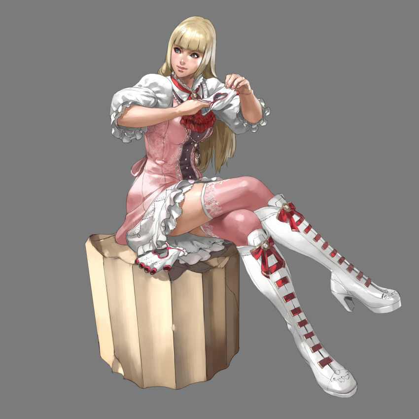 1girl absurdres ascot blonde_hair blue_eyes blunt_bangs boots crossed_legs dress emilie_de_rochefort gloves grey_background highres junny knee_boots long_hair looking_to_the_side non-web_source official_art pink_dress pink_thighhighs puffy_sleeves red_ascot removing_glove simple_background sitting smile solo tekken tekken_8 thighhighs unworn_gloves white_boots white_gloves