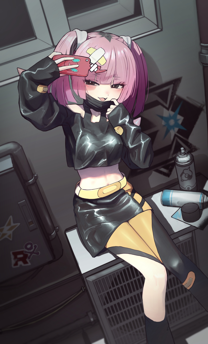 1girl absurdres air_conditioner asymmetrical_legwear bandaid bandaid_hair_ornament bandaid_on_clothes belt black_hair black_jacket black_mask black_pantyhose black_skirt breasts coral_(pokemon) cropped_jacket fang gen_2_pokemon gen_4_pokemon grey_eyes hair_ornament highres holding holding_phone jacket kabanoki long_sleeves looking_at_phone mask mask_pull medium_breasts midriff mouth_mask multicolored_hair nintendo open_mouth outdoors paint_can pantyhose pencil_skirt phone pink_hair pokemon pokemon_(anime) pokemon_horizons rotom rotom_phone selfie sitting sitting_on_object skirt sleeves_past_wrists smeargle solo sticker surgical_mask twintails two-tone_hair uneven_legwear yellow_belt yellow_pantyhose yellow_skirt