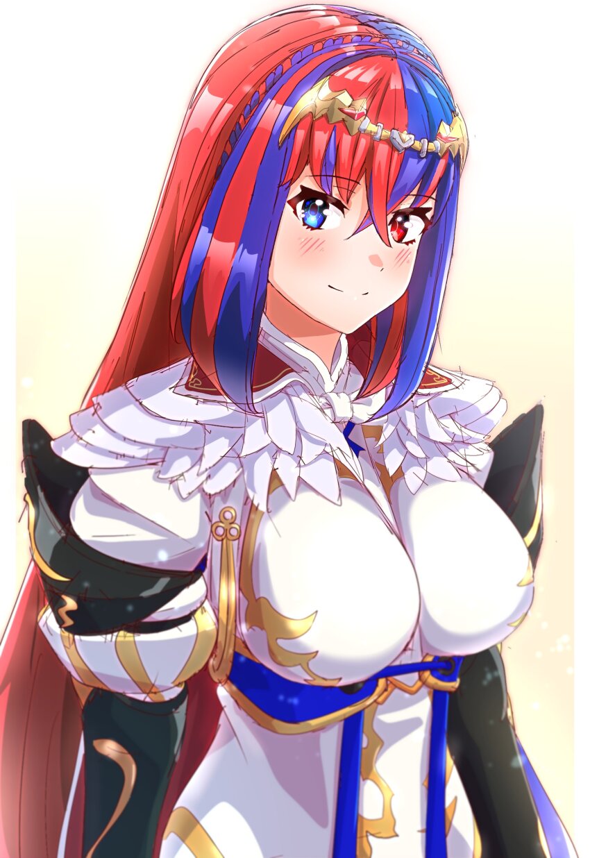 1girl absurdres female_alear_(fire_emblem) blue_eyes blue_hair braid breasts closed_mouth commentary crossed_bangs crown_braid feather_trim feathers female_alear_(awoken_divinity)_(fire_emblem) fire_emblem fire_emblem_engage hair_between_eyes hair_ornament highres large_breasts long_hair multicolored_hair nintendo official_alternate_costume red_eyes red_hair solo split-color_hair to_(tototo_tk) two-tone_hair