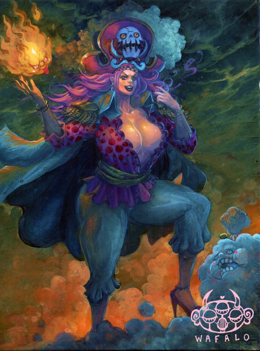 1girl 3boys acrylic_paint_(medium) aged_down anklet artist_logo artist_name bangle baseball_cap bracelet breasts buttons charlotte_linlin cleavage cloud coat curvy devil_fruit_power epaulettes fire gold_bracelet hat high_heels highres hood hooded_coat huge_breasts jewelry jolly_roger logo long_hair looking_at_viewer multiple_boys napoleon_(one_piece) one_piece open_clothes open_mouth open_shirt painting_(medium) pants pink_hair pink_shirt pirate_hat polka_dot polka_dot_shirt prometheus_(one_piece) red_footwear red_nails sash shirt skull_and_crossed_swords smile solo_focus teeth thick_thighs thighs tongue tongue_out traditional_media wafalo white_coat white_pants yellow_sash zeus_(one_piece)