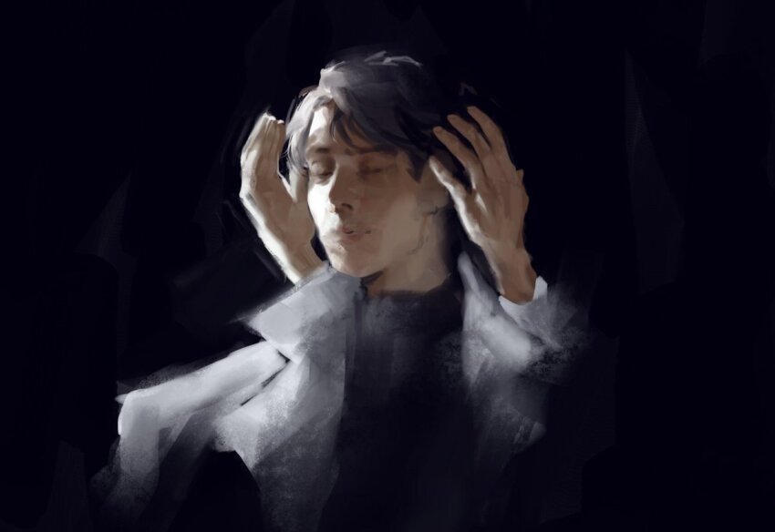1boy 1other black_hair black_shirt closed_eyes coat covering_another&#039;s_ears fading hand_on_another&#039;s_head kim_dokja macaronijail male_focus omniscient_reader&#039;s_viewpoint out_of_frame popped_collar reaching reaching_towards_another shirt short_hair white_coat