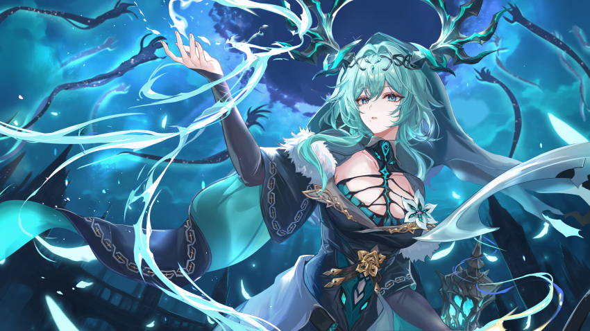 1girl absurdres black_horns breasts chinese_commentary commentary_request dress duet_night_abyss fingernails green_dress green_eyes green_hair green_veil hair_intakes hand_up highres horns lady_nifle_(duet_night_abyss) lantern large_breasts long_hair looking_at_viewer mole mole_under_mouth parted_lips pink_pupils solo upper_body vardan veil