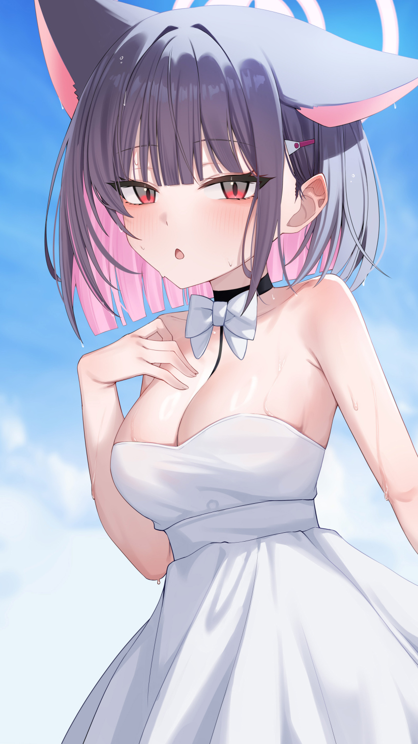1girl absurdres alternate_costume animal_ears bare_arms bare_shoulders black_hair blue_archive blunt_ends blush bow bowtie breasts cat_ears cat_girl cleavage colored_inner_animal_ears colored_inner_hair dress extra_ears highres kazusa_(blue_archive) large_breasts looking_at_viewer multicolored_hair open_mouth pink_eyes pink_hair short_hair sleeveless sleeveless_dress solo strapless strapless_dress sweat two-tone_hair wendao white_bow white_bowtie white_dress