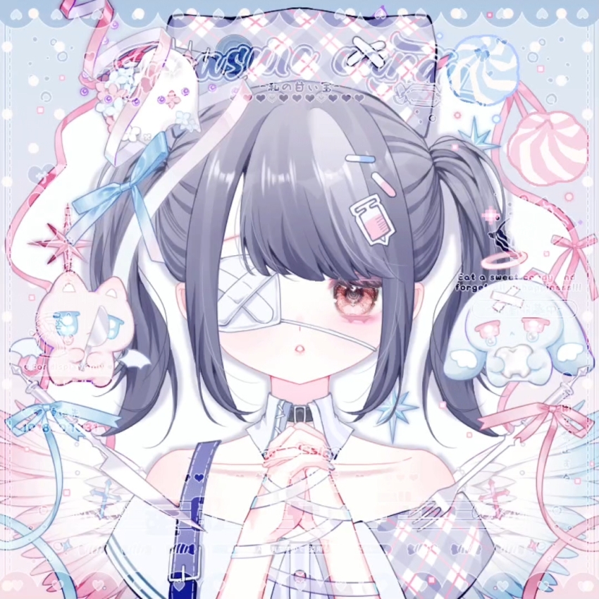 1girl animal_ear_headwear animal_ears bags_under_eyes bandaged_hand bandages belt belt_buckle belt_collar black_belt black_hair blue_background blue_bow blue_dress blue_hat blue_nails bow brown_eyes buckle buttons cat cat_ears chinese_commentary collar collared_dress commentary_request dan_kuanyuan detached_collar dress eyelashes eyepatch fake_animal_ears ghost gradient_background hair_bow hair_ornament hairclip hat infinity_nikki interlocked_fingers knife medical_eyepatch medium_hair nail_polish nikki_(series) off-shoulder_dress off_shoulder own_hands_clasped own_hands_together pill_hair_ornament pink_background plaid_clothes plaid_dress plaid_hat polka_dot polka_dot_background quirky_idea_(infinity_nikki) rabbit sample_watermark solo straight-on syringe syringe_hair_ornament too_many_watermarks tooth twintails two-tone_dress upper_body watermark white_collar white_dress