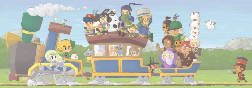 4girls 6+boys alfonzo animal_costume anjean beedle bird blonde_hair byrne camera chancellor_cole chicken chuchu_(zelda) cucco everyone fairy ferrus goron hat highres jolene letter linebeck link locomotive long_image mailman miniblin mouse_(animal) multiple_boys multiple_girls niko_(zelda) nintendo on_vehicle princess_zelda rabbit rabbit_costume steam_locomotive teacher_(legend_of_zelda) the_legend_of_zelda the_legend_of_zelda:_spirit_tracks the_legend_of_zelda:_the_wind_waker tiara train tsutsuji wide_image