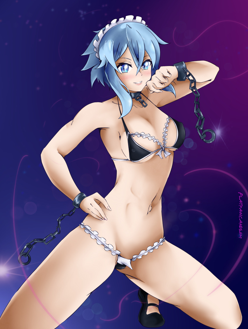 1girl absurdres bikini biting_own_lip blue_eyes blue_hair blush breasts chain chain_leash chained_wrists choker cleavage flatpancakesjim frilled_bikini frills hand_on_own_hip hand_up highres leash lipstick maid maid_bikini maid_headdress makeup medium_breasts no_socks ribbon short_hair simple_background sinon swimsuit sword_art_online unconventional_maid