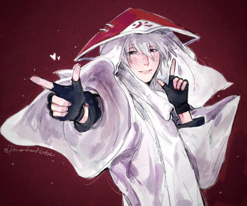 1boy fingerless_gloves gloves grey_hair hatake_kakashi heart hokage hokage_hat looking_at_viewer male_focus mi_lu_zaosheng mole mole_under_mouth naruto_(series) scar scar_across_eye scar_on_face smile solo