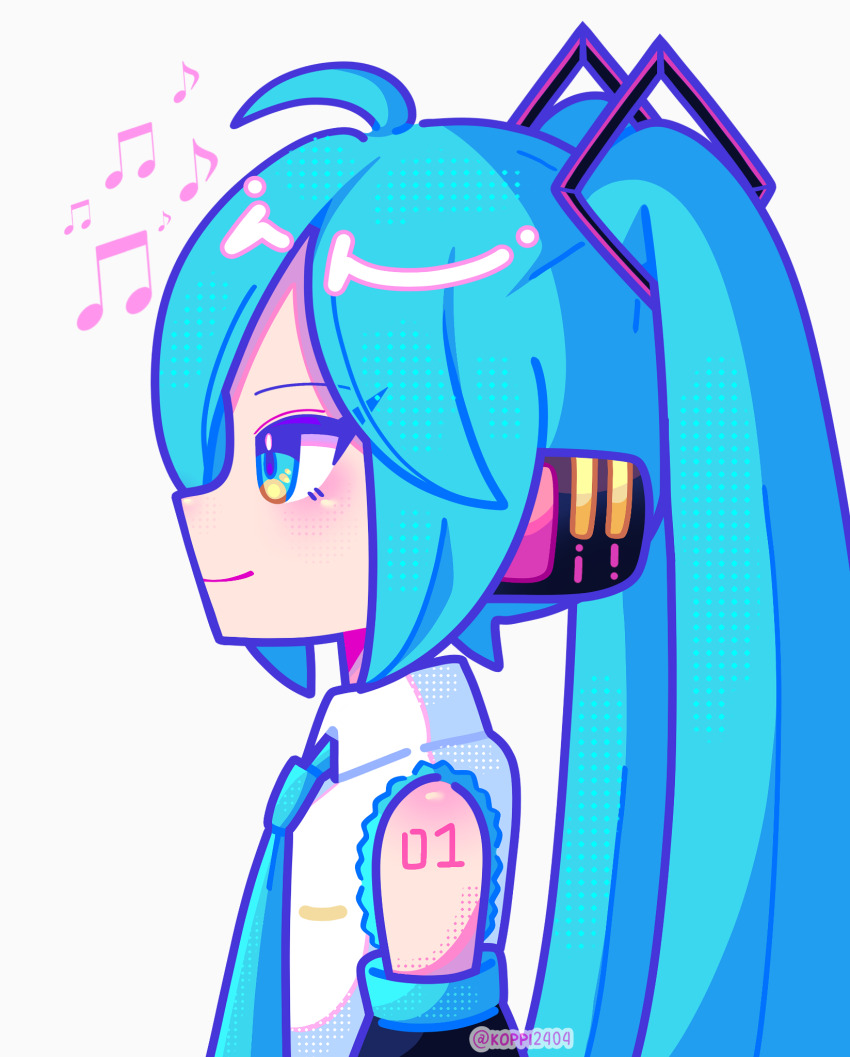 1girl ahoge aqua_eyes aqua_hair aqua_necktie black_sleeves closed_mouth collared_shirt commentary detached_sleeves english_commentary from_side hair_ornament hatsune_miku headphones highres ibispaint_(medium) koppi2404 light_smile long_hair musical_note necktie number_tattoo pop_art profile shirt shoulder_tattoo sidelocks simple_background sleeveless sleeveless_shirt solo tattoo twintails twitter_username upper_body very_long_hair vocaloid watermark white_background