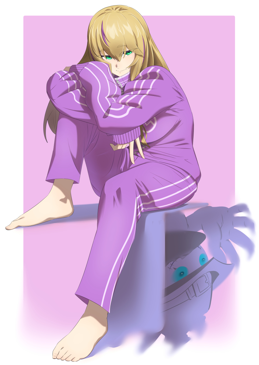 1girl absurdres alternate_costume barefoot blonde_hair border commentary_request digimon digimon_card_game digimon_liberator full_body ghostmon green_eyes highres jacket long_hair multicolored_hair pants purple_background purple_hair purple_jacket purple_pants simple_background sitting solo_focus streaked_hair taira_(tairamon) track_jacket track_suit two-tone_hair violet_inboots white_border