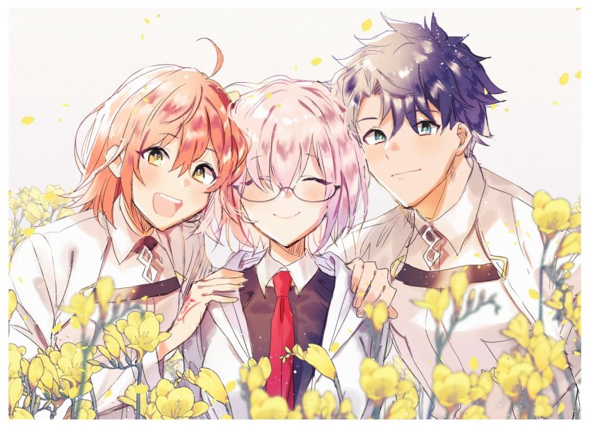 1boy 2girls ahoge black-framed_eyewear black_hair black_shirt blue_eyes blush breasts chaldea_logo chaldea_uniform closed_eyes closed_mouth collared_shirt command_spell commentary_request fate/grand_order fate_(series) flower fujimaru_ritsuka_(female) fujimaru_ritsuka_(male) glasses grey_jacket hair_between_eyes hand_on_another&#039;s_shoulder hood hood_down hooded_jacket jacket looking_at_viewer mash_kyrielight multiple_girls necktie open_clothes open_jacket open_mouth orange_hair petals pink_hair red_neckwear shirt short_hair smile teeth upper_body upper_teeth_only wani_(mezo) yellow_eyes yellow_flower