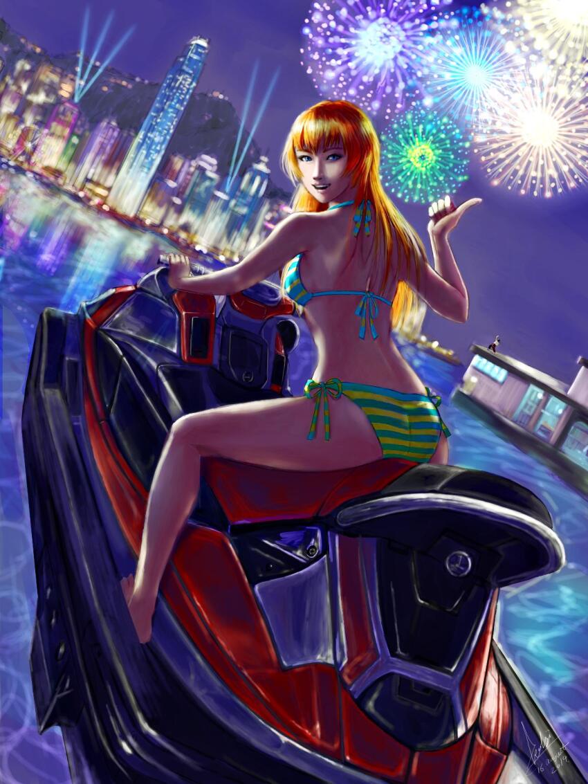 1girl ass beach bikini female_focus fireworks highres jet_ski joy_(shenmue) kohji night night_sky orange_hair sega shenmue sky swimsuit watercraft