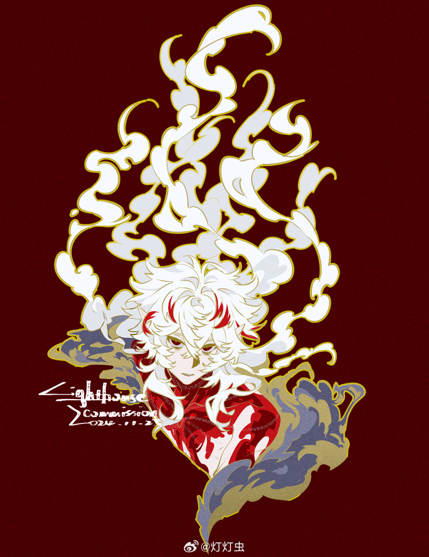 1boy highres multicolored_hair original red_background red_eyes red_hair sample_watermark smoke smoke_trail watermark weibo_5148960822 weibo_watermark white_hair