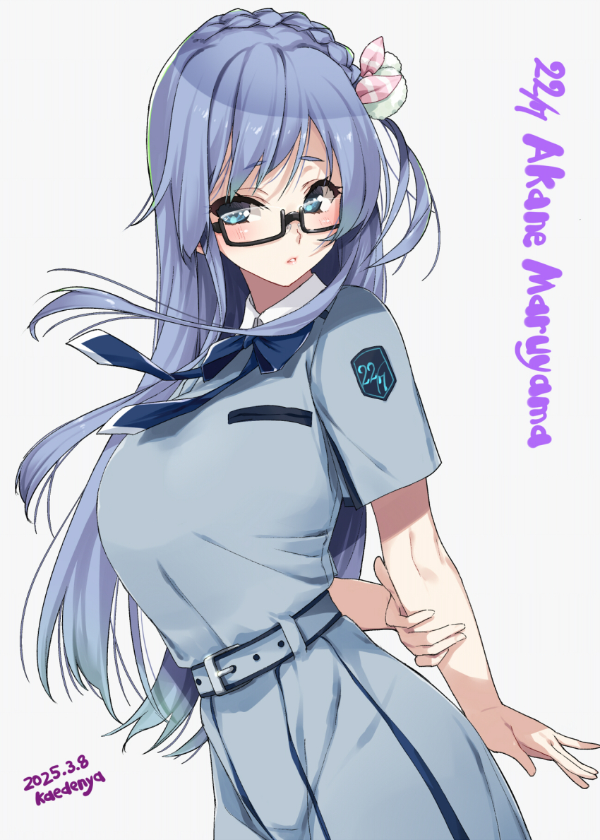 1girl 22/7 artist_name belt belt_buckle black-framed_eyewear blue_belt blue_bow blue_bowtie blue_dress blue_eyes blue_hair boku_wa_sonzai_shiteinakatta bow bowtie braid buckle character_name copyright_name cow dated diagonal-striped_bow dress emblem floating_hair from_side hair_bow hair_ornament highres kisairo_kaede long_hair maruyama_akane parted_lips pleated_dress pom_pom_(clothes) pom_pom_hair_ornament rectangular_eyewear semi-rimless_eyewear short_sleeves simple_background single_braid solo standing under-rim_eyewear white_background