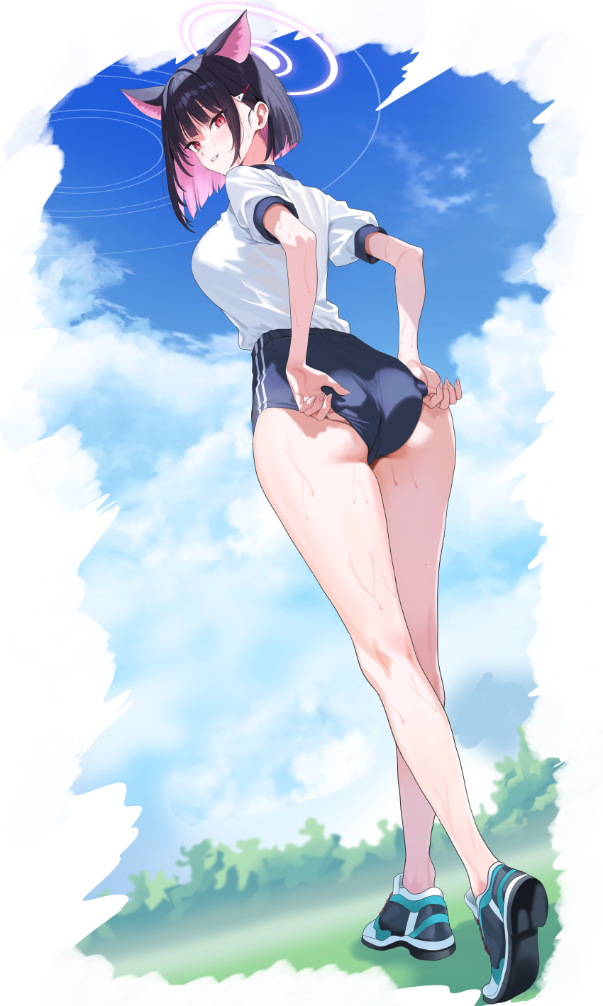 1girl absurdres adjusting_buruma adjusting_clothes alternate_breast_size alternate_costume animal_ears ass black_hair blue_archive blue_buruma blue_sky blunt_ends breasts buruma cat_ears cat_girl cloud cloudy_sky colored_inner_hair commission day extra_ears full_body gym_uniform hair_ornament hairclip halo hidis0086 highres kazusa_(blue_archive) kneepits large_breasts multicolored_hair pink_eyes pink_hair pink_halo pixiv_commission shirt shirt_tucked_in short_hair short_sleeves sky smile solo standing sweat thighs two-tone_hair white_shirt