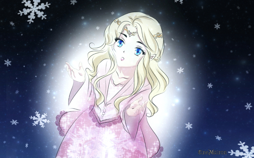 1girl artist_name blonde_hair blue_eyes cinemairon collarbone dress elf eyelashes female_focus idril_celebrindal lipstick long_hair long_sleeves makeup pointy_ears princess snow snowflakes solo the_silmarillion tiara tolkien&#039;s_legendarium
