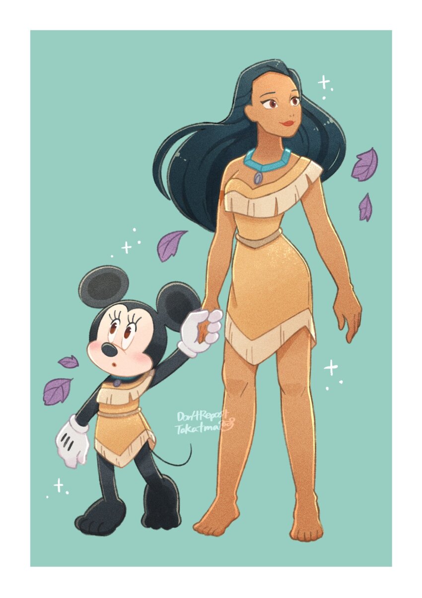 2girls barefoot black_hair breasts brown_eyes cleavage company_connection cosplay dark-skinned_female dark_skin disney dress earrings highres holding jewelry long_hair looking_at_viewer mickey_mouse_&amp;_friends minnie_mouse multiple_girls native_american necklace pocahontas_(disney) pocahontas_(disney)_(cosplay) pocahontas_(movie) takatmaorange