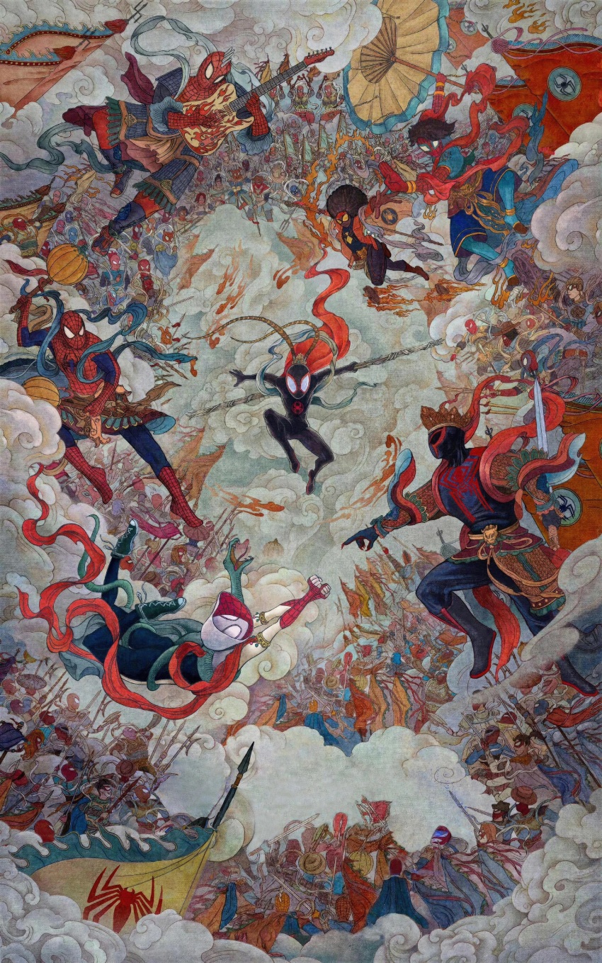 2023 6+boys 6+girls absurdres acrobatics adapted_costume afro armlet army belt bodysuit character_request chinese_clothes chinese_text cloud crossover crown dark-skinned_female dark_skin dynamic_pose epic faceless goggles guitar gwen_stacy hagoromo highres holding holding_instrument holding_weapon hood instrument jacket jessica_drew jewelry jian_(weapon) logo marvel marvel_cinematic_universe mask mecha miguel_o&#039;hara miles_morales multiple_boys multiple_girls multiple_persona official_art parody pavitr_prabhakar peter_b_parker peter_parker phoenix_crown polearm poster_(medium) qiang_(weapon) robot scarlet_spider shawl silk skin_tight sky sp//dr spear spider-gwen spider-ham spider-man spider-man:_across_the_spider-verse spider-man:_into_the_spider-verse spider-man_(2099) spider-man_(miles_morales) spider-man_(series) spider-man_india spider-man_noir spider-punk spider-verse spider-woman spider_web spider_web_background spider_web_print spikes staff style_parody superhero_costume sword toon_(style) weapon