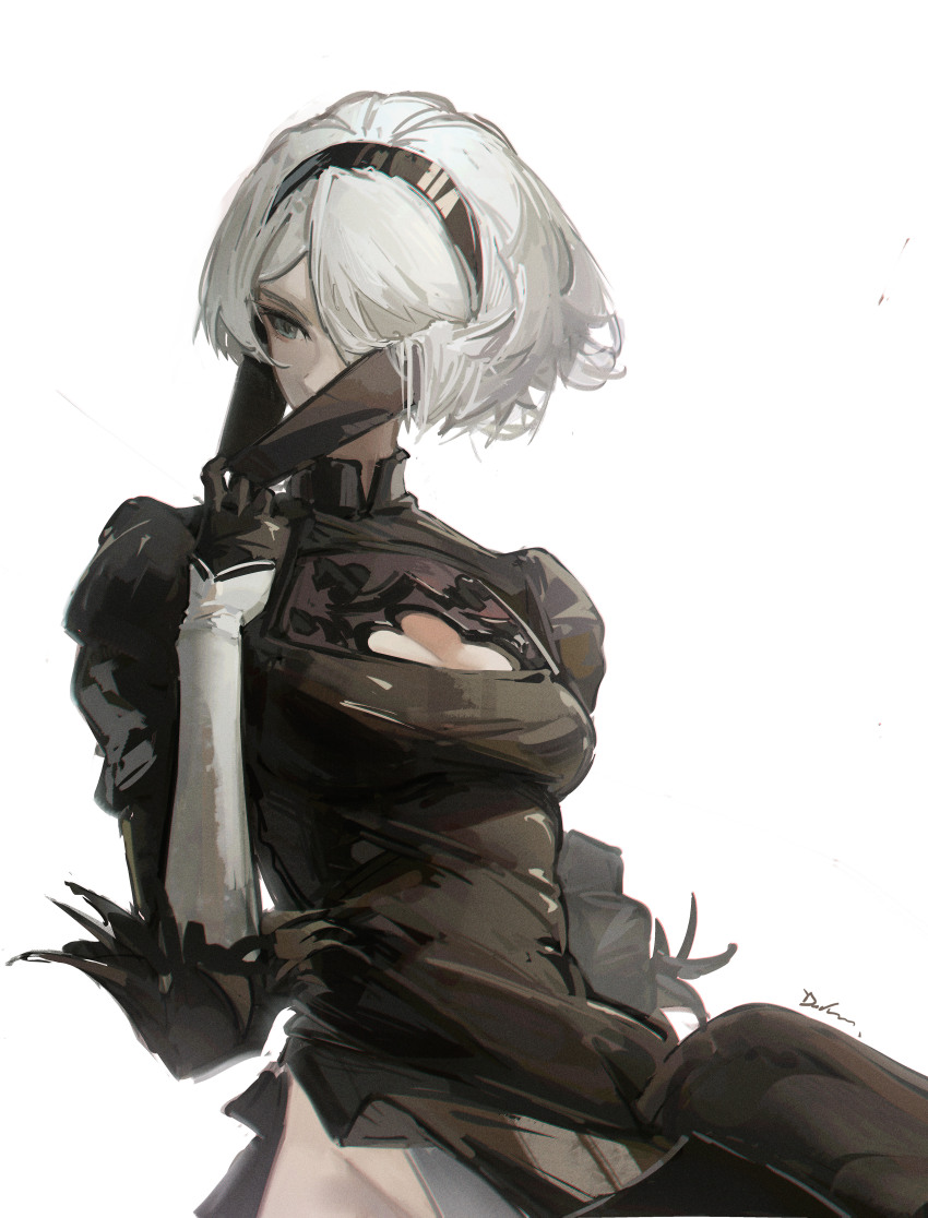 1girl 2b_(nier:automata) absurdres black_dress black_hairband blindfold blue_eyes breasts cleavage_cutout clothes_pull clothing_cutout dress dudrinm gloves groin hairband highres juliet_sleeves leotard long_sleeves looking_to_the_side nier:automata nier_(series) puffy_sleeves short_hair signature simple_background solo upper_body white_background white_hair white_leotard
