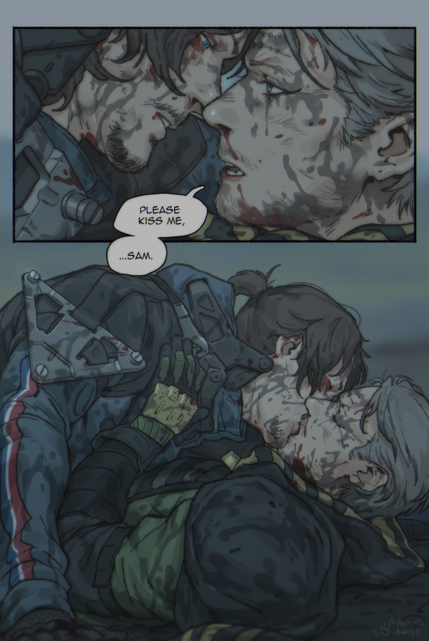 2boys black_gloves black_hair black_jacket blue_jacket closed_eyes couple death_stranding dirty dirty_clothes dirty_face english_text gloves grey_hair hamms_hamss higgs_(death_stranding) highres hood hood_down jacket kiss lying male_focus multiple_boys on_back open_mouth sam_porter_bridges short_hair yaoi