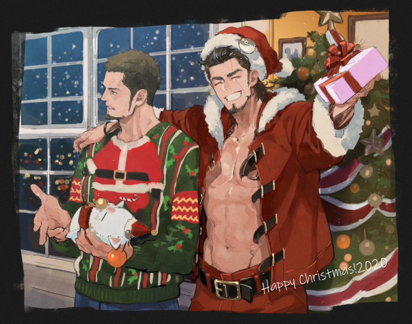 abs arm_tattoo bara beard christmas christmas_sweater cor_leonis facial_hair final_fantasy final_fantasy_xv gift gladiolus_amicitia hat male_focus moogle muscular muscular_male pectorals scar stuffed_toy tattoo yuzukarin