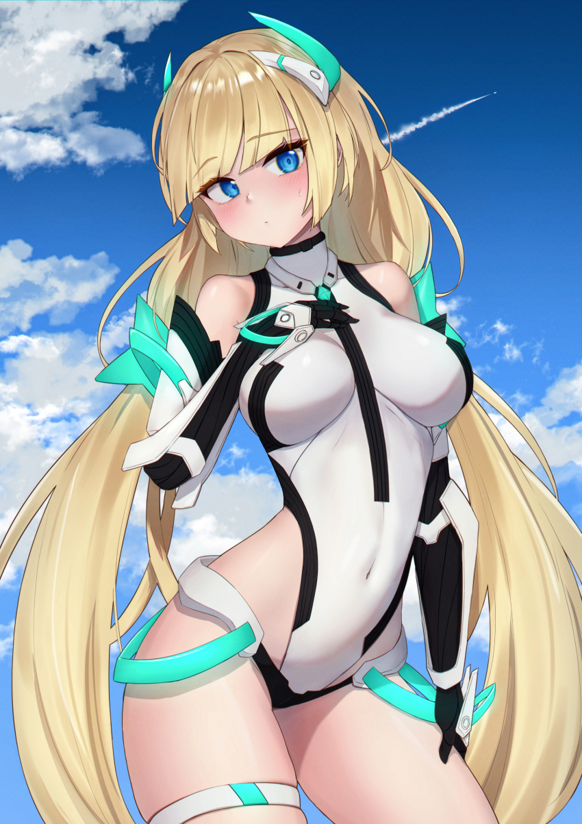 1girl angela_balzac arm_guards bare_shoulders black_gloves blonde_hair blue_eyes blunt_bangs blush breasts closed_mouth contrail contrapposto covered_collarbone covered_navel cowboy_shot elbow_gloves gloves hand_on_own_chest hand_on_own_thigh head_tilt headgear highleg highleg_leotard highres large_breasts leotard long_hair looking_at_viewer low_twintails rakuen_tsuihou ru_yan skindentation solo sweatdrop thigh_strap twintails very_long_hair white_leotard