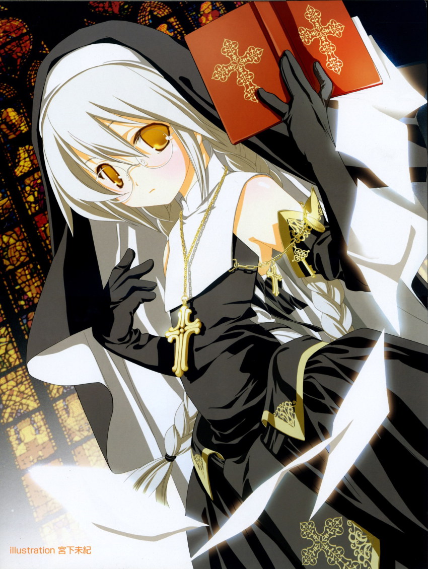 1girl book braid church cross cross_patonce elbow_gloves female_focus flying_paper glasses gloves highres latin_cross long_hair miyashita_miki nun paper round_eyewear silver_hair solo twin_braids twintails yellow_eyes