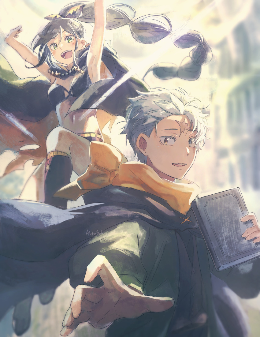1boy 1girl absurdres bad_id bad_pixiv_id bare_shoulders bikini bikini_top_only black_hair book bow braid braided_ponytail cape green_eyes harusabin highres long_sleeves looking_at_viewer natsuki_subaru open_mouth outstretched_arm re:zero_kara_hajimeru_isekai_seikatsu re:zero_kara_tsugihagu_isekai_seikatsu scar scar_on_face scarf shaula_(re:zero) shorts smile swimsuit
